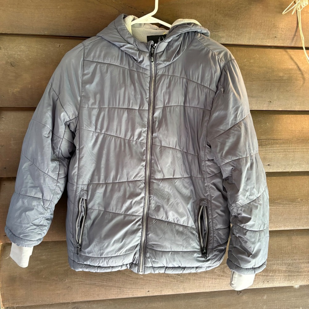 Spyder Boys Gray Puffer‎ Jacket Hooded Fleece Lined Full Zip Size Medium 10/12